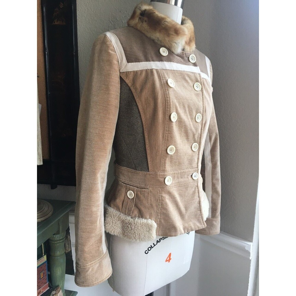 EUC LOUIS VUITTON Light Brown Corduroy Fur Trim Peacoat Jacket  38 / 6 - Picture 2 of 8
